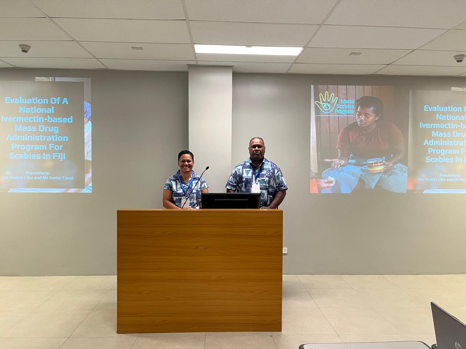 WSP Fiji team Melaia and Amini presenting at the Pacific Island Health Research Symposium in Suva, September 2025